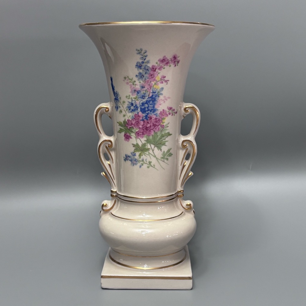 Vintage Ceramic Floral Grecian Urn Shaped Bulbous Vase With 4 Handles Gold Lined